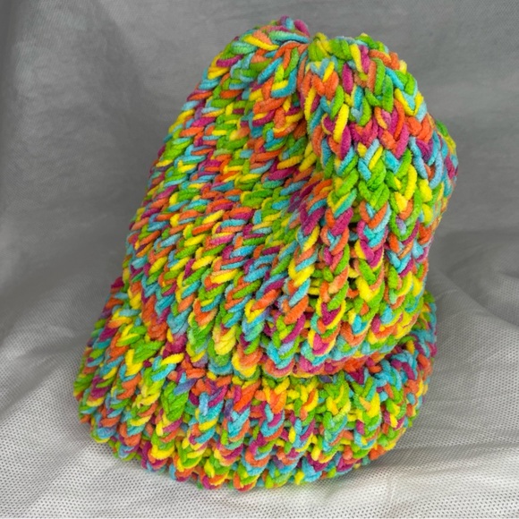 Handmade Crochet Terry Towel Strata Striped Rainbow Beanie Hat Super Soft OSFM - Picture 3 of 10